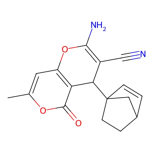 2-amino-4-((1S,4S)-bicyclo[2.2.1]hept-2-en-1-yl)-7-methyl-5-oxo-4,5-dihydropyrano[4,3-b]pyran-3-carbonitrile structure