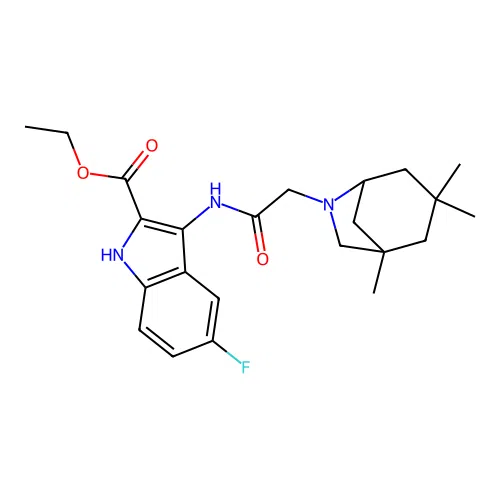 ethyl 5-fluoro-3-(2-((1S,5R)-1,3,3-trimethyl-6-azabicyclo[3.2.1]octan-6-yl)acetamido)-1H-indole-2-carboxylate structure