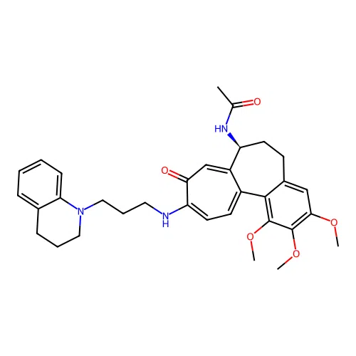 (7S,10Z)-7-(acetylamino)-10-{[3-(3,4-dihydroquinolin-1(2H)-yl)propyl]iminio}-1,2,3-trimethoxy-5,6,7,10-tetrahydrobenzo[a]heptalen-9-olate structure