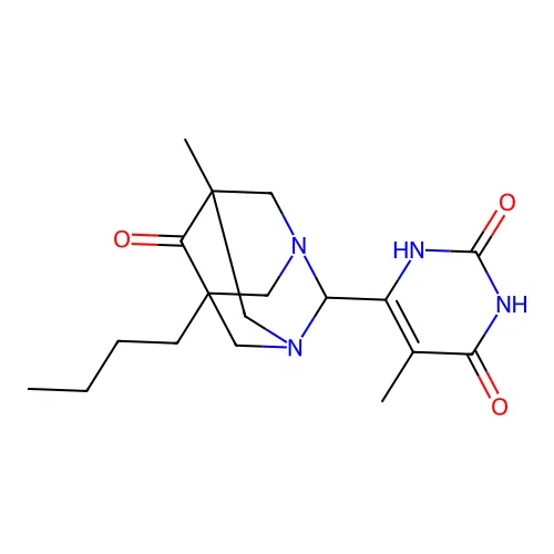 5-butyl-2-(6-hydroxy-5-methyl-2-oxo-2,3-dihydropyrimidin-4-yl)-7-methyl-1,3-diazatricyclo[3.3.1.1~3,7~]decan-6-one structure