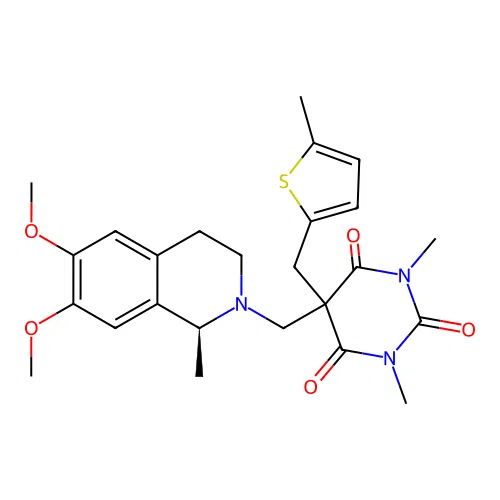 (S)-5-((6,7-dimethoxy-1-methyl-3,4-dihydroisoquinolin-2(1H)-yl)methyl)-1,3-dimethyl-5-((5-methylthiophen-2-yl)methyl)pyrimidine-2,4,6(1H,3H,5H)-trione structure