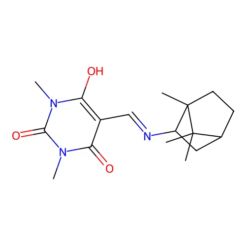 1,3-dimethyl-5-(((1,7,7-trimethylbicyclo[2.2.1]heptan-2-yl)amino)methylene)pyrimidine-2,4,6(1H,3H,5H)-trione structure