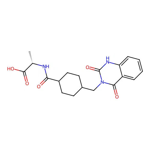 (S)-2-(4-((2,4-dioxo-1,2-dihydroquinazolin-3(4H)-yl)methyl)cyclohexanecarboxamido)propanoic acid structure