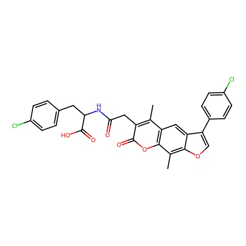3-(4-chlorophenyl)-2-(2-(3-(4-chlorophenyl)-5,9-dimethyl-7-oxo-7H-furo[3,2-g]chromen-6-yl)acetamido)propanoic acid structure