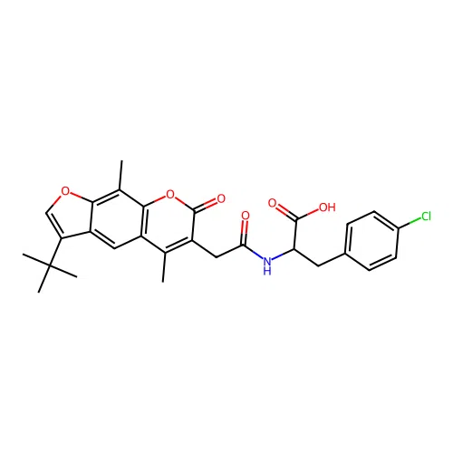 2-(2-(3-(tert-butyl)-5,9-dimethyl-7-oxo-7H-furo[3,2-g]chromen-6-yl)acetamido)-3-(4-chlorophenyl)propanoic acid structure