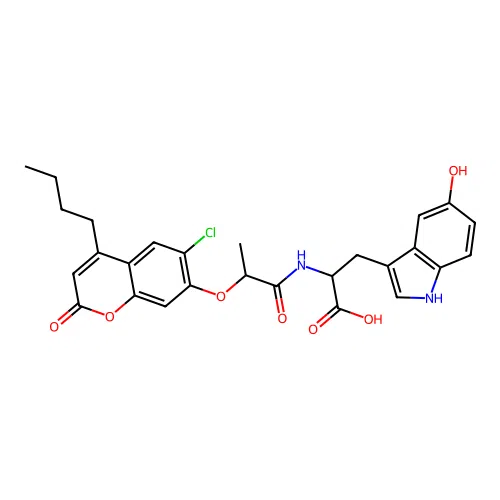 2-(2-((4-butyl-6-chloro-2-oxo-2H-chromen-7-yl)oxy)propanamido)-3-(5-hydroxy-1H-indol-3-yl)propanoic acid structure