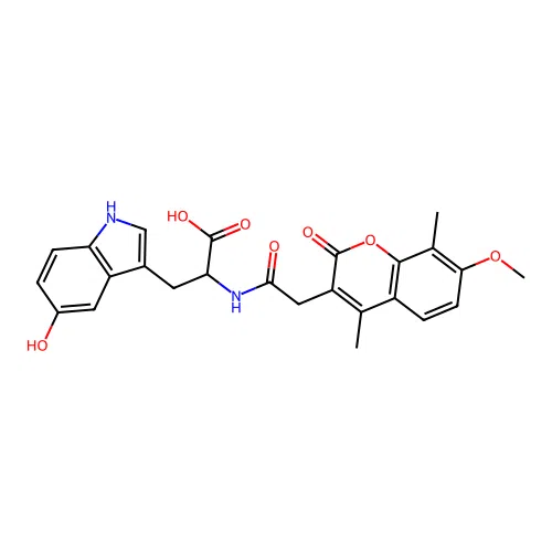 3-(5-hydroxy-1H-indol-3-yl)-2-(2-(7-methoxy-4,8-dimethyl-2-oxo-2H-chromen-3-yl)acetamido)propanoic acid structure