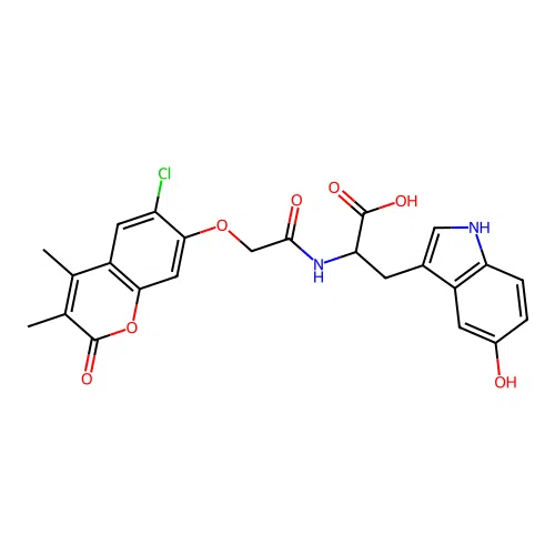 2-(2-((6-chloro-3,4-dimethyl-2-oxo-2H-chromen-7-yl)oxy)acetamido)-3-(5-hydroxy-1H-indol-3-yl)propanoic acid structure