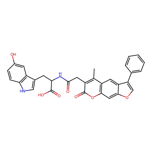 3-(5-hydroxy-1H-indol-3-yl)-2-(2-(5-methyl-7-oxo-3-phenyl-7H-furo[3,2-g]chromen-6-yl)acetamido)propanoic acid structure