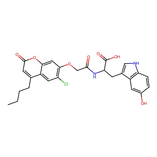 2-(2-((4-butyl-6-chloro-2-oxo-2H-chromen-7-yl)oxy)acetamido)-3-(5-hydroxy-1H-indol-3-yl)propanoic acid structure