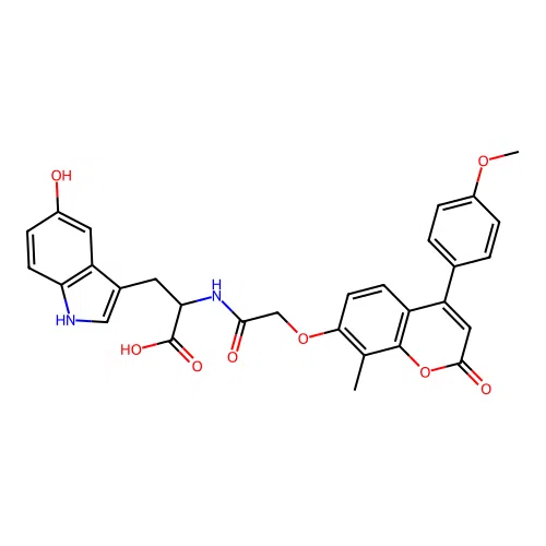 3-(5-hydroxy-1H-indol-3-yl)-2-(2-((4-(4-methoxyphenyl)-8-methyl-2-oxo-2H-chromen-7-yl)oxy)acetamido)propanoic acid structure