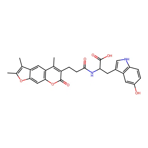3-(5-hydroxy-1H-indol-3-yl)-2-(3-(2,3,5-trimethyl-7-oxo-7H-furo[3,2-g]chromen-6-yl)propanamido)propanoic acid structure