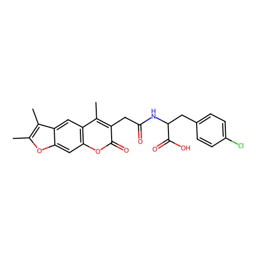 3-(4-chlorophenyl)-2-(2-(2,3,5-trimethyl-7-oxo-7H-furo[3,2-g]chromen-6-yl)acetamido)propanoic acid structure