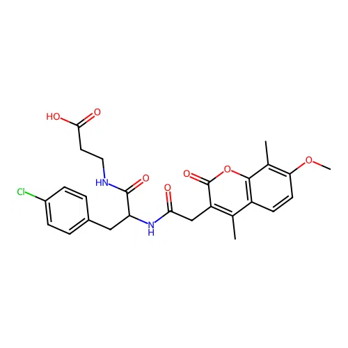 3-(3-(4-chlorophenyl)-2-(2-(7-methoxy-4,8-dimethyl-2-oxo-2H-chromen-3-yl)acetamido)propanamido)propanoic acid structure