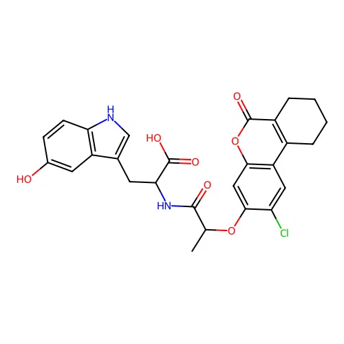 2-(2-((2-chloro-6-oxo-7,8,9,10-tetrahydro-6H-benzo[c]chromen-3-yl)oxy)propanamido)-3-(5-hydroxy-1H-indol-3-yl)propanoic acid structure