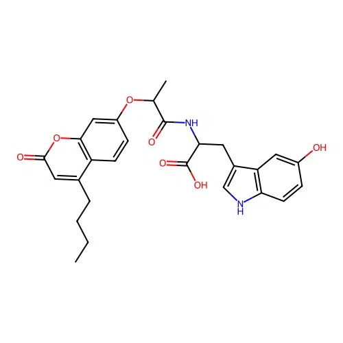 2-(2-((4-butyl-2-oxo-2H-chromen-7-yl)oxy)propanamido)-3-(5-hydroxy-1H-indol-3-yl)propanoic acid structure