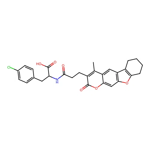 3-(4-chlorophenyl)-2-(3-(4-methyl-2-oxo-6,7,8,9-tetrahydro-2H-benzofuro[3,2-g]chromen-3-yl)propanamido)propanoic acid structure