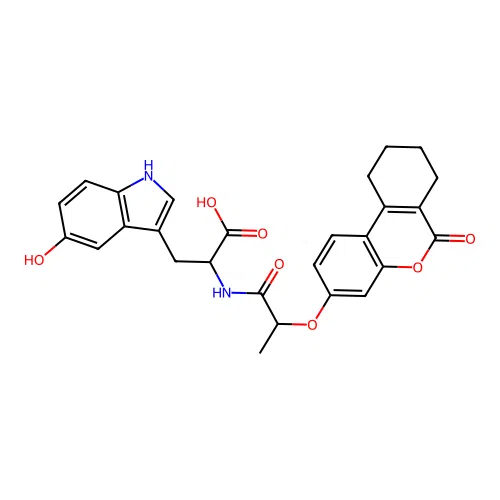 3-(5-hydroxy-1H-indol-3-yl)-2-(2-((6-oxo-7,8,9,10-tetrahydro-6H-benzo[c]chromen-3-yl)oxy)propanamido)propanoic acid structure