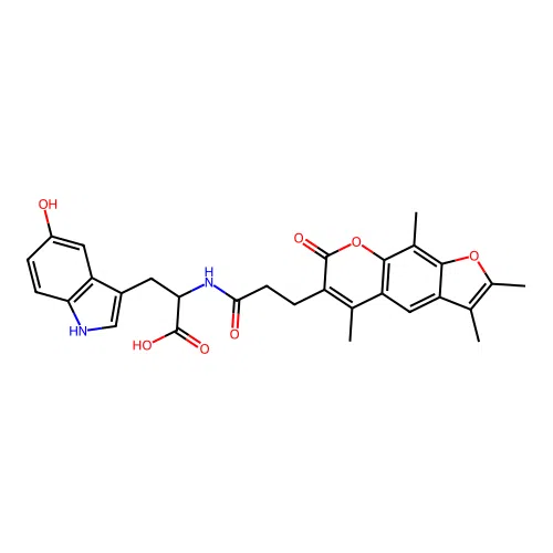 3-(5-hydroxy-1H-indol-3-yl)-2-(3-(2,3,5,9-tetramethyl-7-oxo-7H-furo[3,2-g]chromen-6-yl)propanamido)propanoic acid structure
