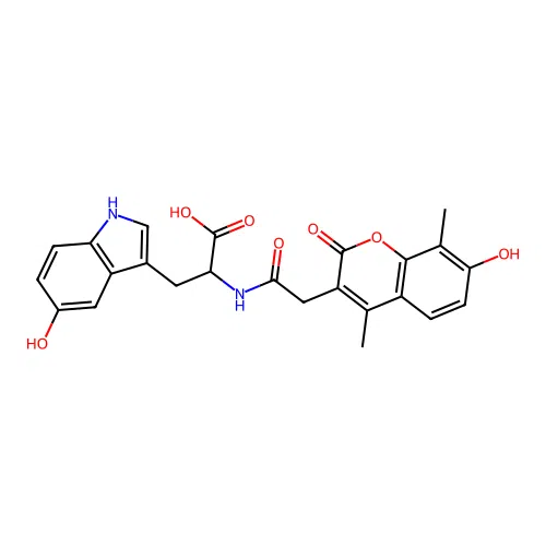 3-(5-hydroxy-1H-indol-3-yl)-2-(2-(7-hydroxy-4,8-dimethyl-2-oxo-2H-chromen-3-yl)acetamido)propanoic acid structure