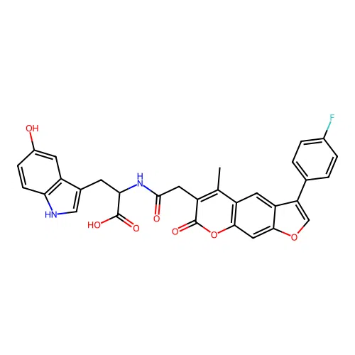 2-(2-(3-(4-fluorophenyl)-5-methyl-7-oxo-7H-furo[3,2-g]chromen-6-yl)acetamido)-3-(5-hydroxy-1H-indol-3-yl)propanoic acid structure