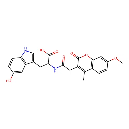 3-(5-hydroxy-1H-indol-3-yl)-2-(2-(7-methoxy-4-methyl-2-oxo-2H-chromen-3-yl)acetamido)propanoic acid structure