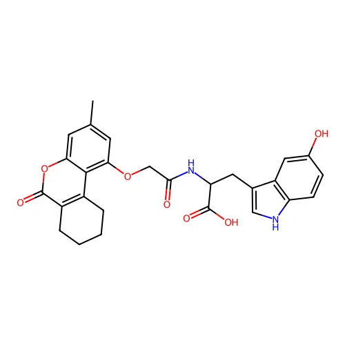 3-(5-hydroxy-1H-indol-3-yl)-2-(2-((3-methyl-6-oxo-7,8,9,10-tetrahydro-6H-benzo[c]chromen-1-yl)oxy)acetamido)propanoic acid structure