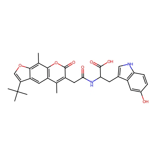2-(2-(3-(tert-butyl)-5,9-dimethyl-7-oxo-7H-furo[3,2-g]chromen-6-yl)acetamido)-3-(5-hydroxy-1H-indol-3-yl)propanoic acid structure