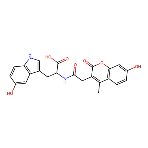 3-(5-hydroxy-1H-indol-3-yl)-2-(2-(7-hydroxy-4-methyl-2-oxo-2H-chromen-3-yl)acetamido)propanoic acid structure