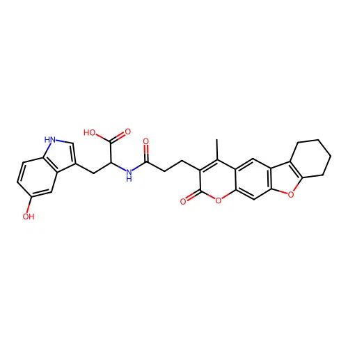 3-(5-hydroxy-1H-indol-3-yl)-2-(3-(4-methyl-2-oxo-6,7,8,9-tetrahydro-2H-benzofuro[3,2-g]chromen-3-yl)propanamido)propanoic acid structure