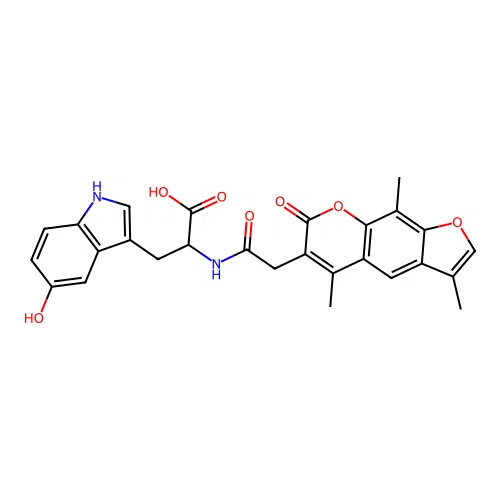 3-(5-hydroxy-1H-indol-3-yl)-2-(2-(3,5,9-trimethyl-7-oxo-7H-furo[3,2-g]chromen-6-yl)acetamido)propanoic acid structure