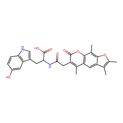 3-(5-hydroxy-1H-indol-3-yl)-2-(2-(2,3,5,9-tetramethyl-7-oxo-7H-furo[3,2-g]chromen-6-yl)acetamido)propanoic acid structure