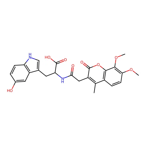 2-(2-(7,8-dimethoxy-4-methyl-2-oxo-2H-chromen-3-yl)acetamido)-3-(5-hydroxy-1H-indol-3-yl)propanoic acid structure