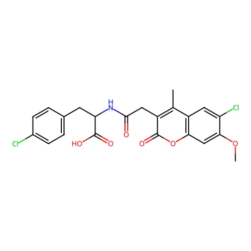 2-(2-(6-chloro-7-methoxy-4-methyl-2-oxo-2H-chromen-3-yl)acetamido)-3-(4-chlorophenyl)propanoic acid structure