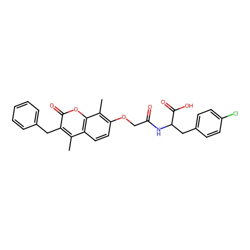 2-(2-((3-benzyl-4,8-dimethyl-2-oxo-2H-chromen-7-yl)oxy)acetamido)-3-(4-chlorophenyl)propanoic acid structure