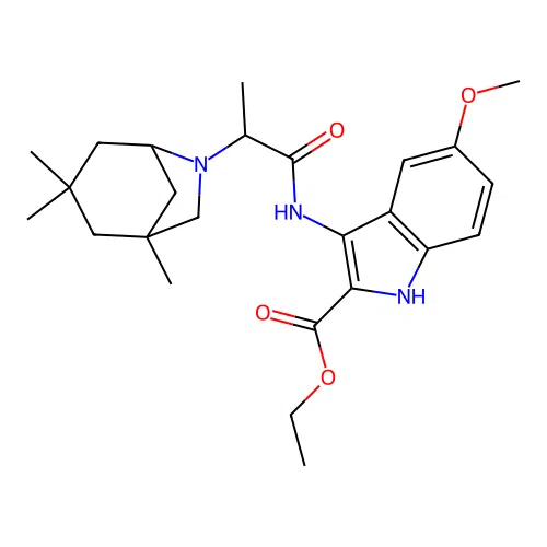 ethyl 5-methoxy-3-(2-((1R,5S)-1,3,3-trimethyl-6-azabicyclo[3.2.1]octan-6-yl)propanamido)-1H-indole-2-carboxylate structure