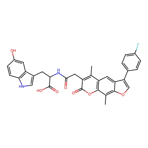 2-(2-(3-(4-fluorophenyl)-5,9-dimethyl-7-oxo-7H-furo[3,2-g]chromen-6-yl)acetamido)-3-(5-hydroxy-1H-indol-3-yl)propanoic acid structure