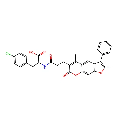 3-(4-chlorophenyl)-2-(3-(2,5-dimethyl-7-oxo-3-phenyl-7H-furo[3,2-g]chromen-6-yl)propanamido)propanoic acid structure