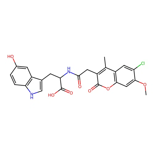 2-(2-(6-chloro-7-methoxy-4-methyl-2-oxo-2H-chromen-3-yl)acetamido)-3-(5-hydroxy-1H-indol-3-yl)propanoic acid structure