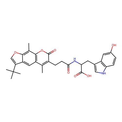 2-(3-(3-(tert-butyl)-5,9-dimethyl-7-oxo-7H-furo[3,2-g]chromen-6-yl)propanamido)-3-(5-hydroxy-1H-indol-3-yl)propanoic acid structure