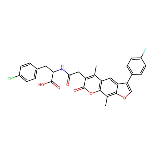 3-(4-chlorophenyl)-2-(2-(3-(4-fluorophenyl)-5,9-dimethyl-7-oxo-7H-furo[3,2-g]chromen-6-yl)acetamido)propanoic acid structure
