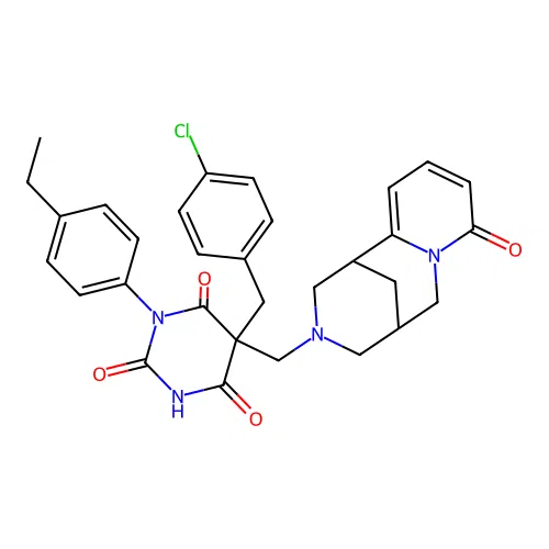 5-(4-chlorobenzyl)-1-(4-ethylphenyl)-5-{[(1S)-8-oxo-1,5,6,8-tetrahydro-2H-1,5-methanopyrido[1,2-a][1,5]diazocin-3(4H)-yl]methyl}pyrimidine-2,4,6(1H,3H,5H)-trione structure