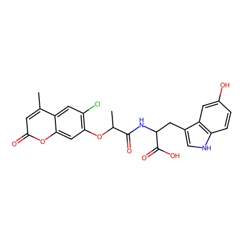 2-(2-((6-chloro-4-methyl-2-oxo-2H-chromen-7-yl)oxy)propanamido)-3-(5-hydroxy-1H-indol-3-yl)propanoic acid structure