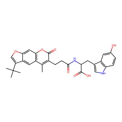2-(3-(3-(tert-butyl)-5-methyl-7-oxo-7H-furo[3,2-g]chromen-6-yl)propanamido)-3-(5-hydroxy-1H-indol-3-yl)propanoic acid structure