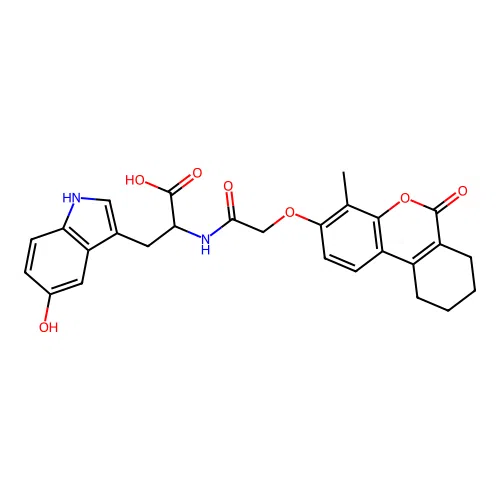 3-(5-hydroxy-1H-indol-3-yl)-2-(2-((4-methyl-6-oxo-7,8,9,10-tetrahydro-6H-benzo[c]chromen-3-yl)oxy)acetamido)propanoic acid structure