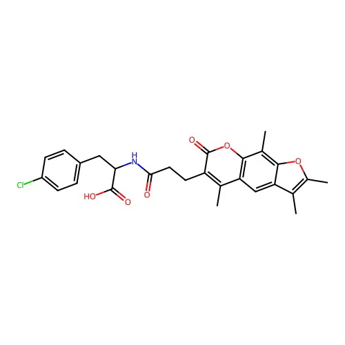 3-(4-chlorophenyl)-2-(3-(2,3,5,9-tetramethyl-7-oxo-7H-furo[3,2-g]chromen-6-yl)propanamido)propanoic acid structure