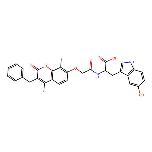 2-(2-((3-benzyl-4,8-dimethyl-2-oxo-2H-chromen-7-yl)oxy)acetamido)-3-(5-hydroxy-1H-indol-3-yl)propanoic acid structure