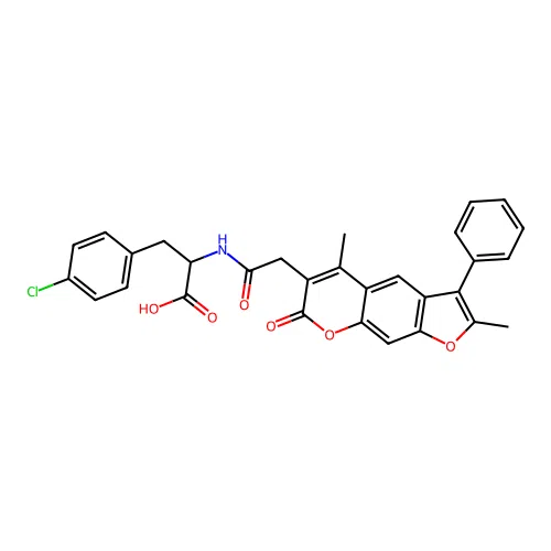 3-(4-chlorophenyl)-2-(2-(2,5-dimethyl-7-oxo-3-phenyl-7H-furo[3,2-g]chromen-6-yl)acetamido)propanoic acid structure