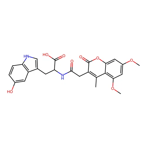 2-(2-(5,7-dimethoxy-4-methyl-2-oxo-2H-chromen-3-yl)acetamido)-3-(5-hydroxy-1H-indol-3-yl)propanoic acid structure