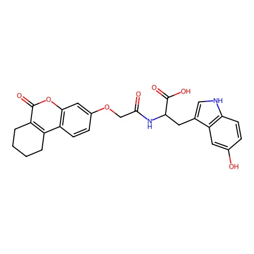 3-(5-hydroxy-1H-indol-3-yl)-2-(2-((6-oxo-7,8,9,10-tetrahydro-6H-benzo[c]chromen-3-yl)oxy)acetamido)propanoic acid structure